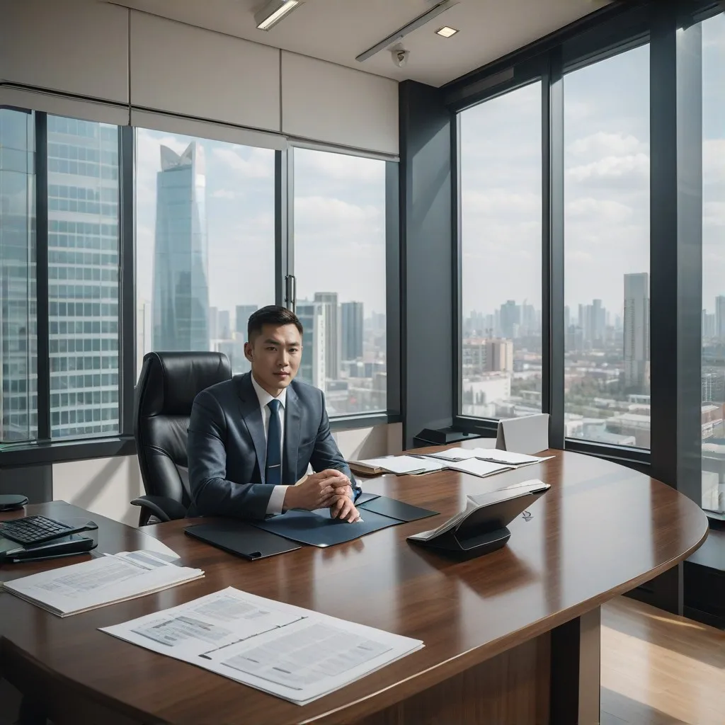 An inspiring and engaging image depicting a confident business professional in an office setting in Kazakhstan. The individual is surrounded by financial documents and a computer, symbolizing accounting services. The background shows a modern office environment with a view of a cityscape, representing a connection to the professional and urban landscape of Kazakhstan. This image is meant to convey professionalism, trustworthiness, and expertise in accounting services offered by Claradexon.